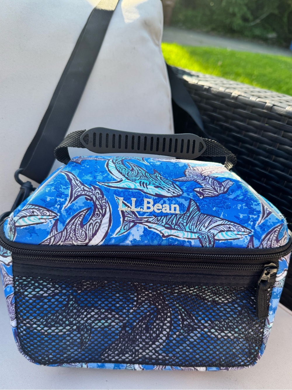 L.L.Bean Flip-Top Insulated Lunch Box - Glacier Blue Shark Print